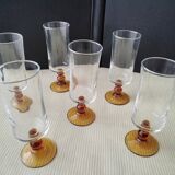 6 Luminarc champagne flutes with amber stem, 1970s
