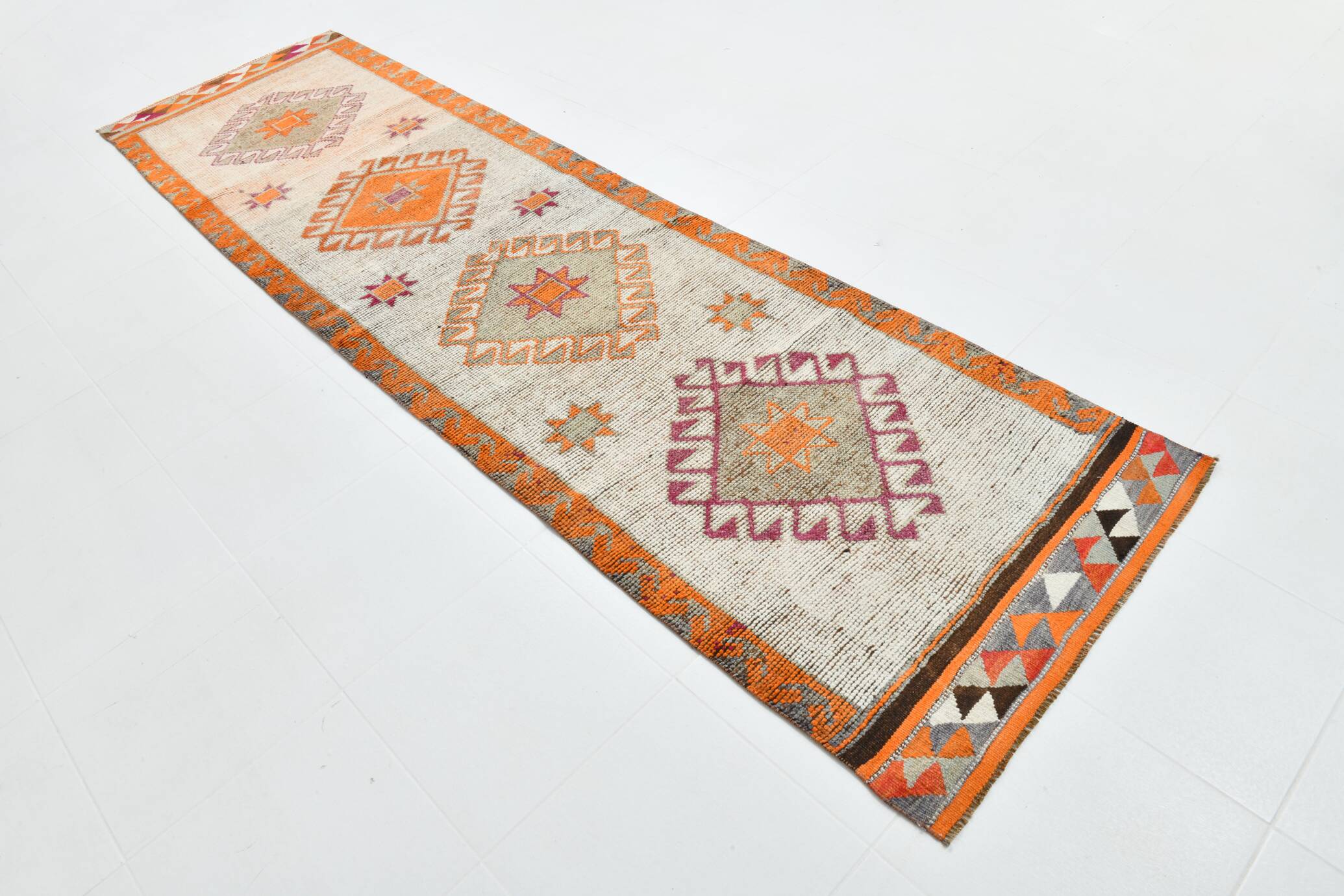 Vintage Orange Pattern Turkish Runner Rug, 95x342 Cm