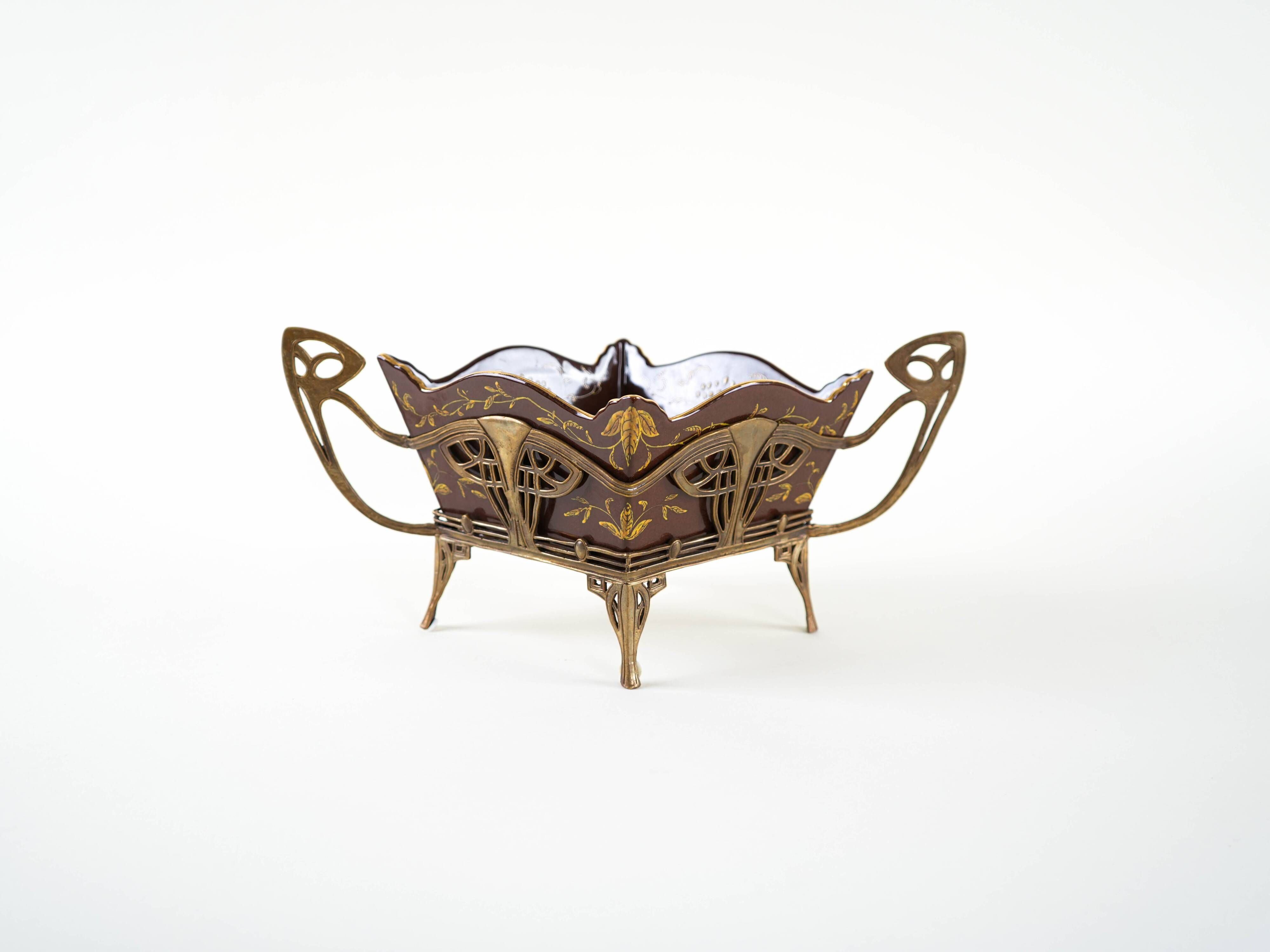 Art Nouveau platter with ceramic insert in openwork metal basket, burgundy glaze with gilt accents