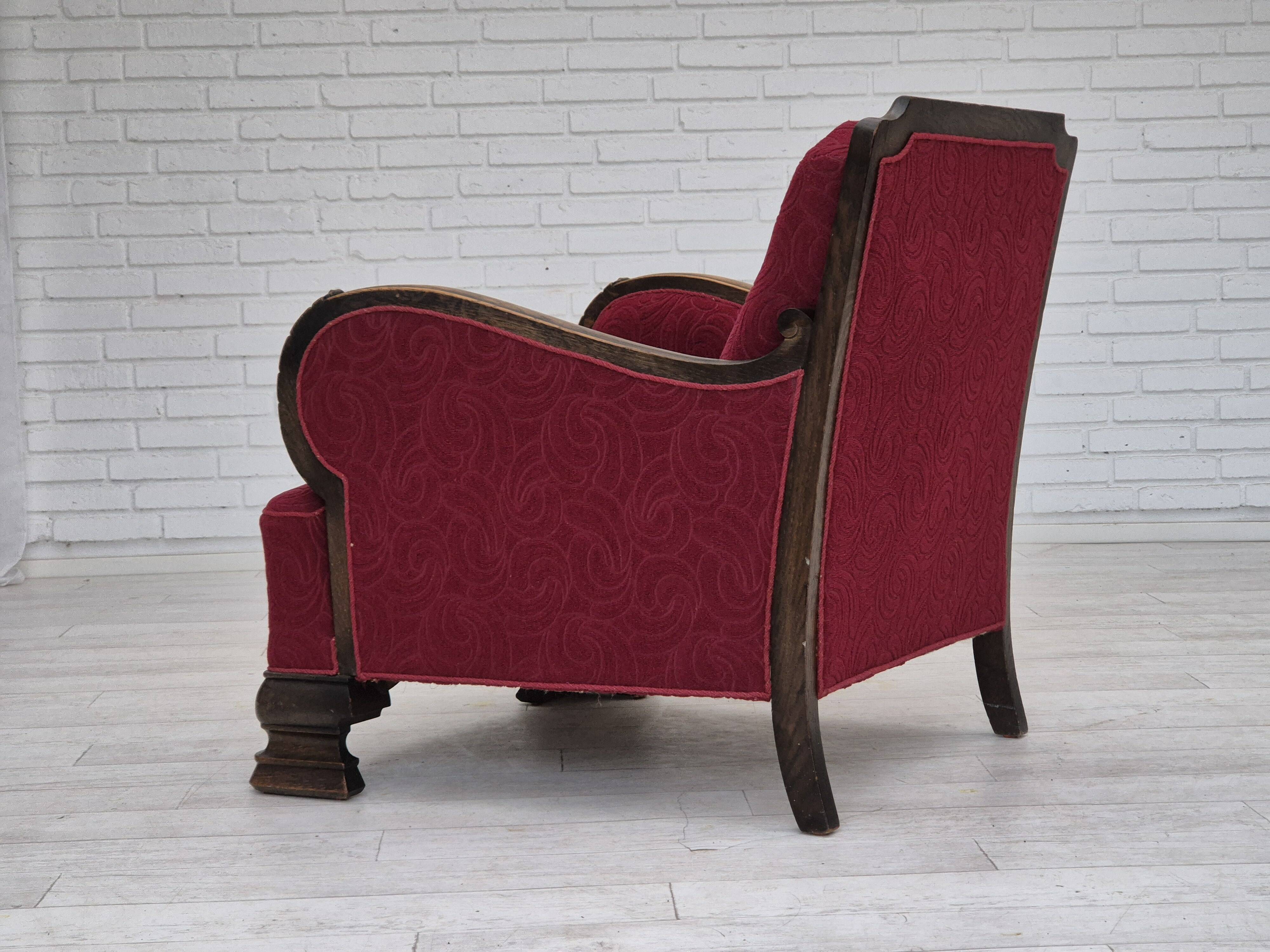 Fauteuil relax vintage danois des années 1950, tissu d'ameublement, bois de chêne, d'origine.