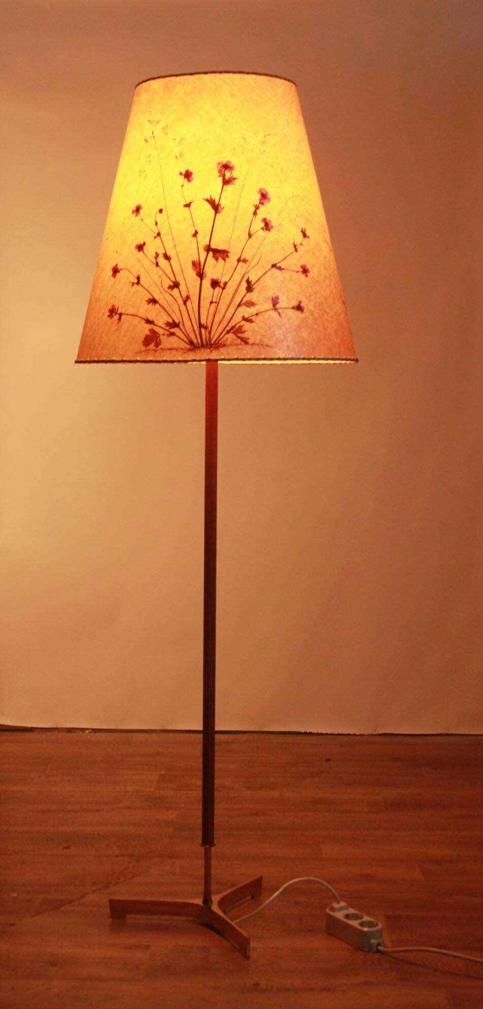 1950s floor lamp in brass and teak/shade with floral motif
