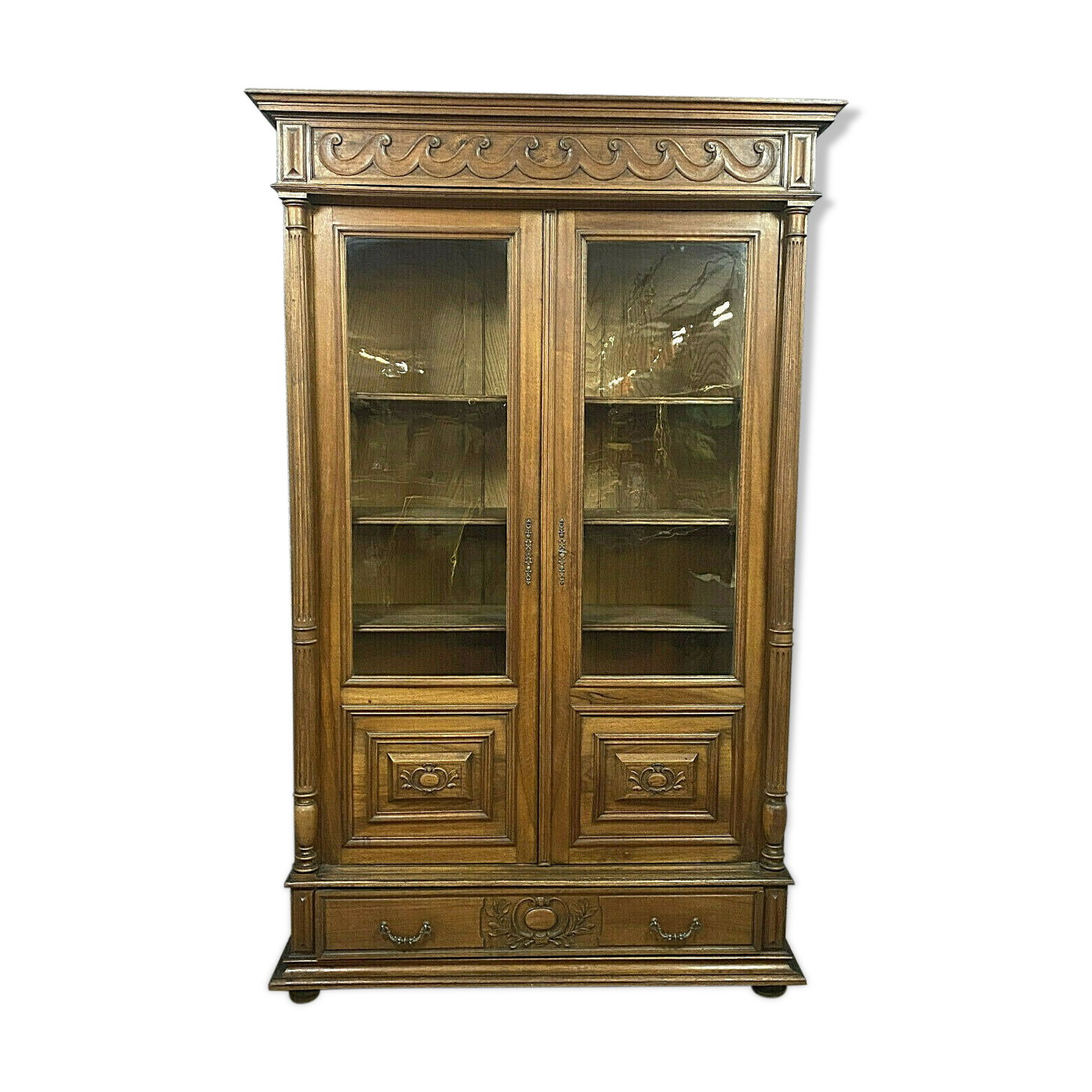 Gothic Renaissance library in solid walnut with columns around 1850