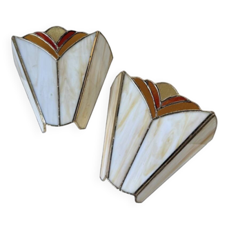 Pair of Art Deco style wall lights with mother-of-pearl glass