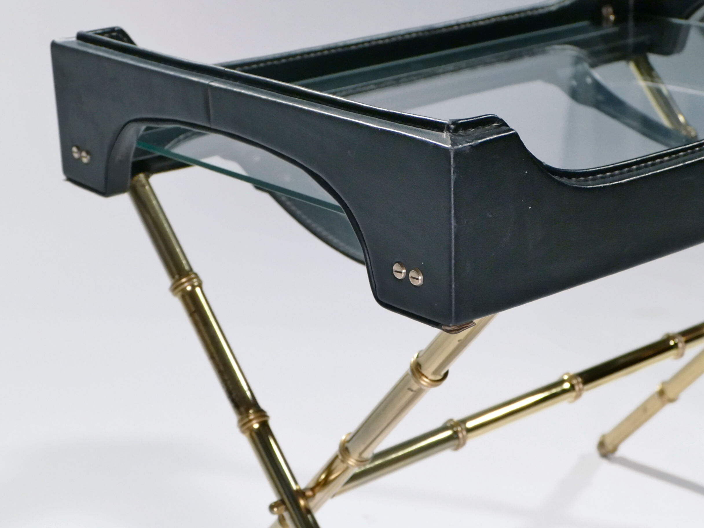 Side table and brass tray leather 1950