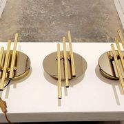 Modernist 1980s glamour mirror glass and gold wall lamps lights sconces Hollywood Regency mid centur