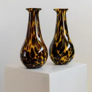 Vintage Murano glass vase from the 1990s, yellow art glass with brown spots, postmodern Italian design, sculptural flower vase, elegant gift idea.