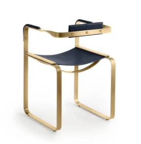Armchair, aged brass steel and dark brown leather upholstery, contemporary style.