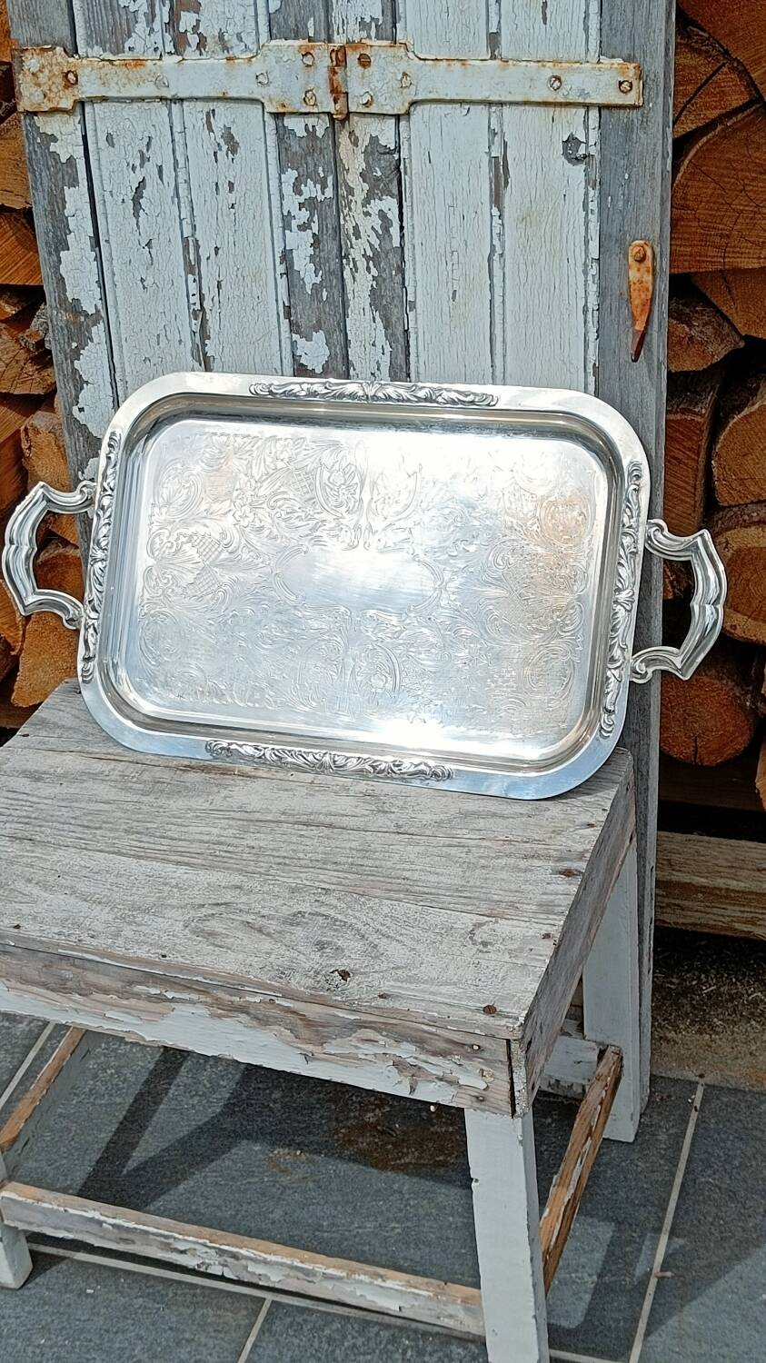 Silver metal serving tray