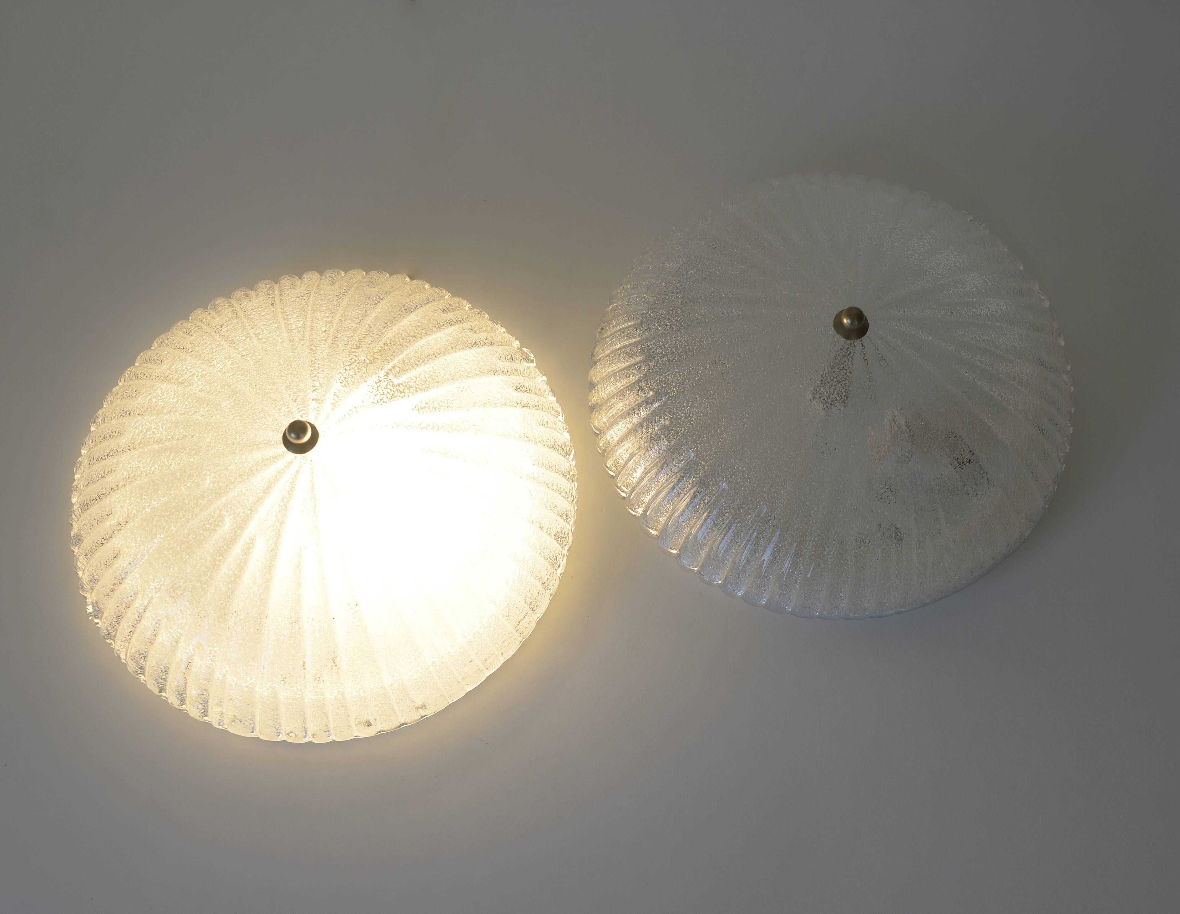 Set of 2 vintage hand blown ice glass wall sconces / pair of flush mount ceiling lights