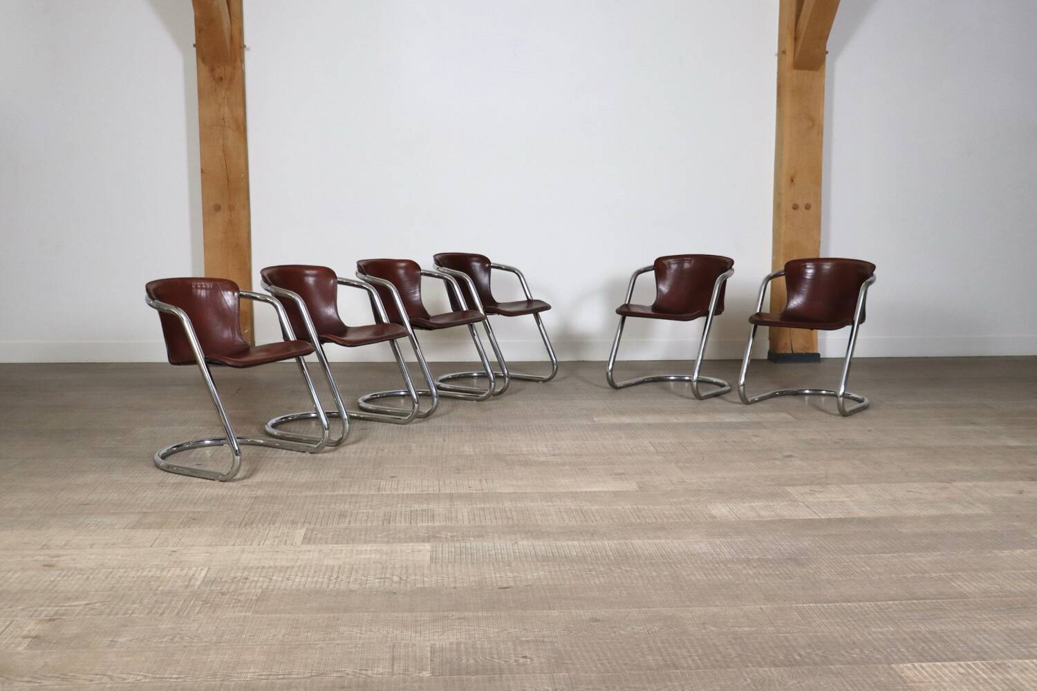 Ensemble de 6 chaises de salle à manger tubulaires en chrome et cuir de selle pour Metaform, années 1970