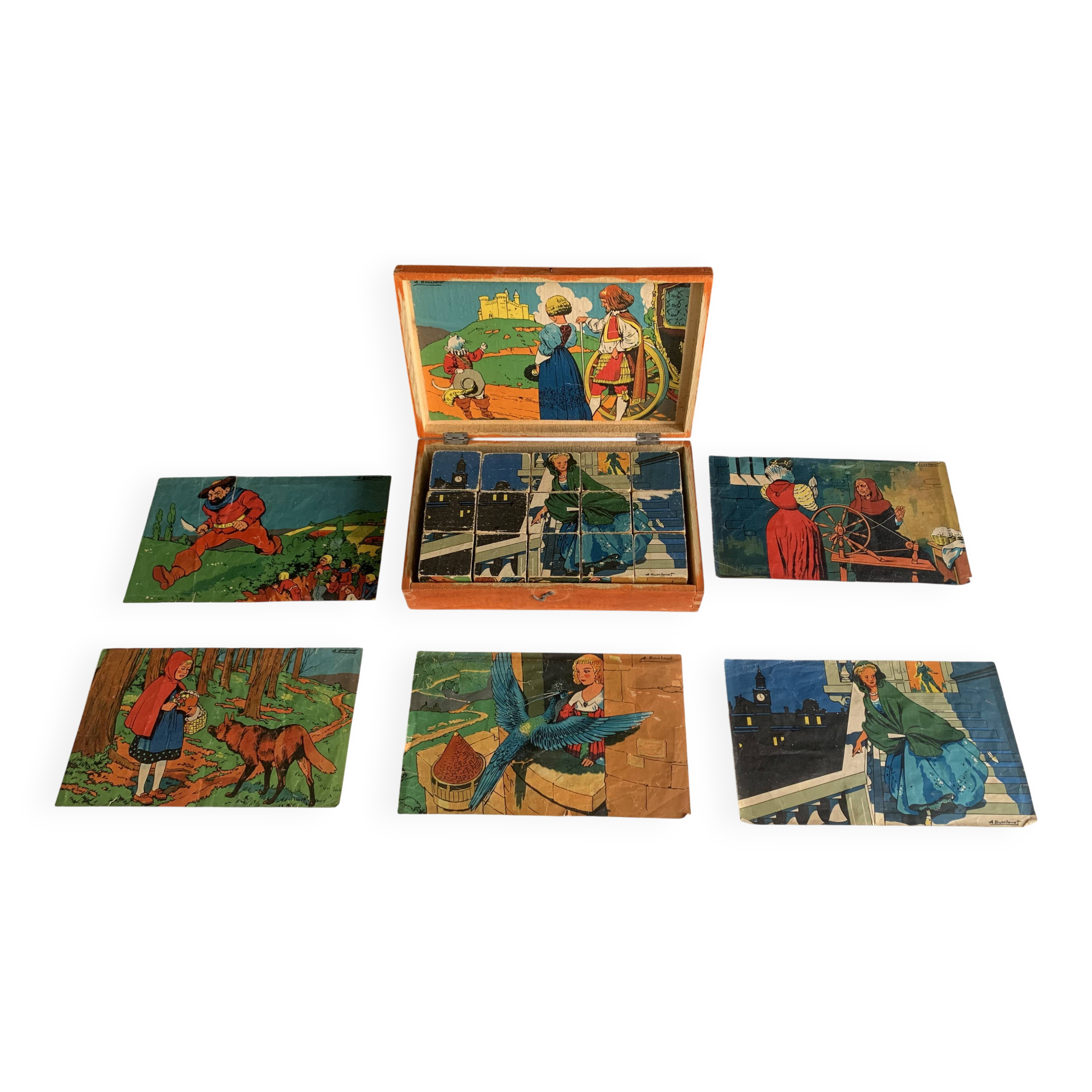 Antique wooden cube puzzle - Illustrations of Perrault's tales - 1920
