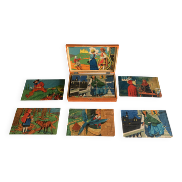 Puzzle cubes en bois ancien - Illustrations contes de Perrault - 1920
