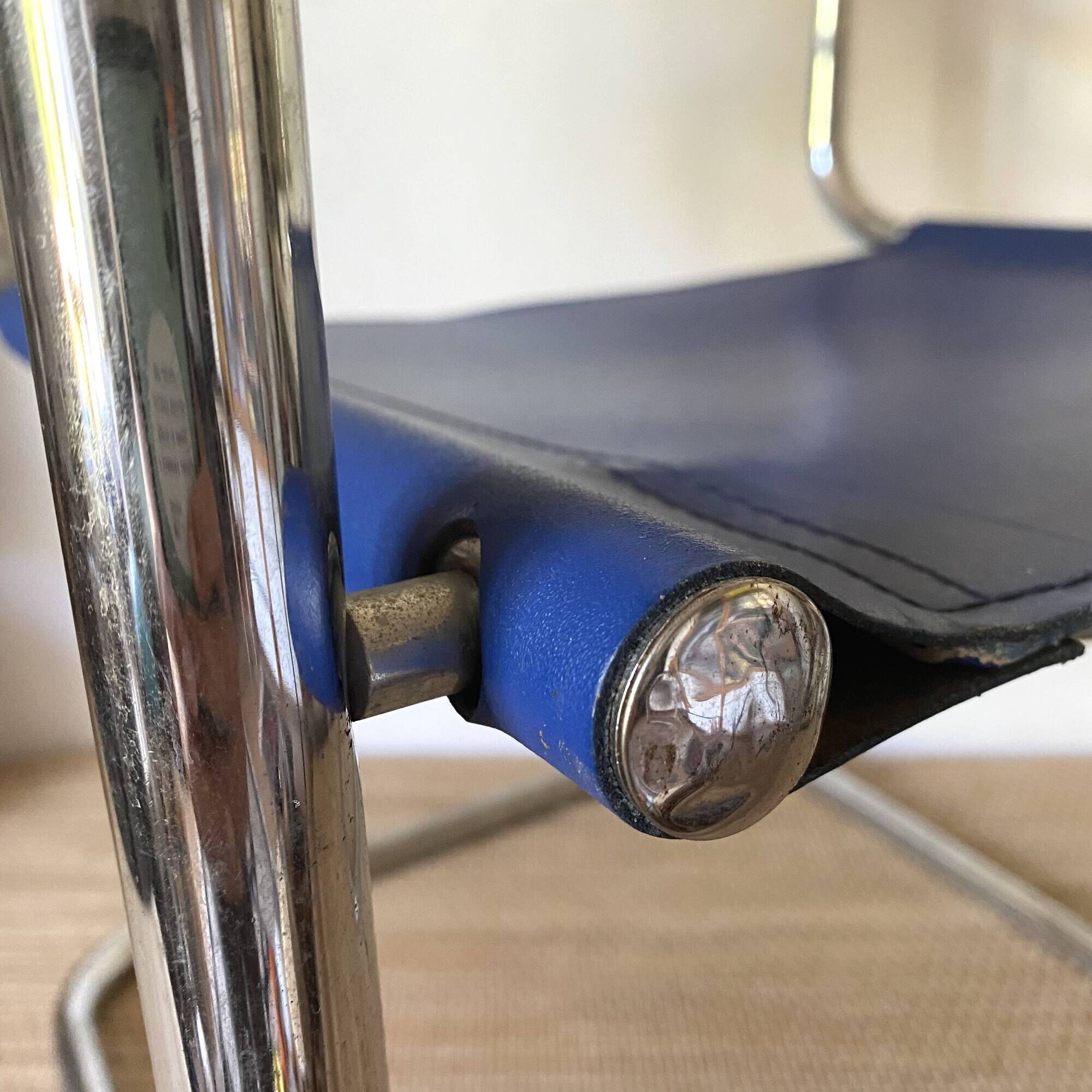 Office chair in blue imitation leather and chrome metal, Matteo Grassi style