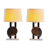 Hollywood Regency pair of ammonite lamps in brass, marble & lacquer, France, 70s