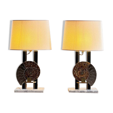 Hollywood Regency pair of ammonite lamps in brass, marble & lacquer, France, 70s