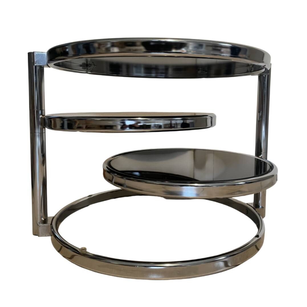 Coffee table with 3 chrome and smoked glass tops.