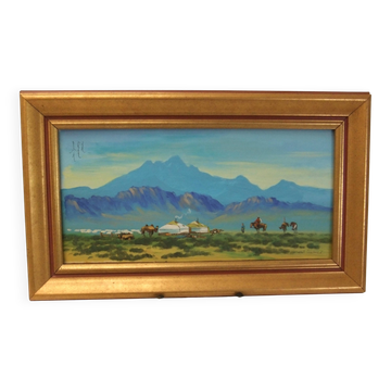 Mongolia landscape painting signed frame