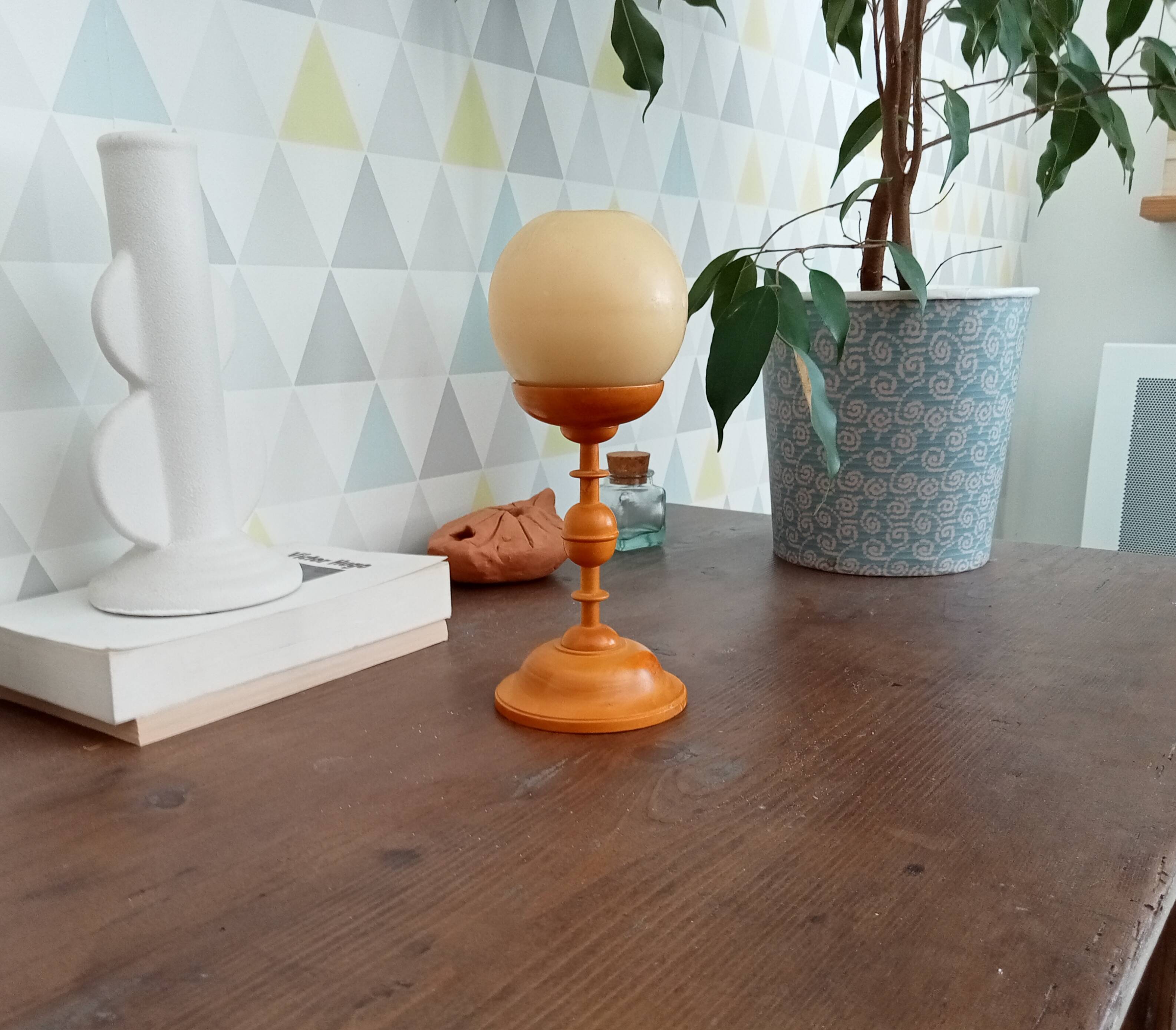 Vintage turned wooden candle holder