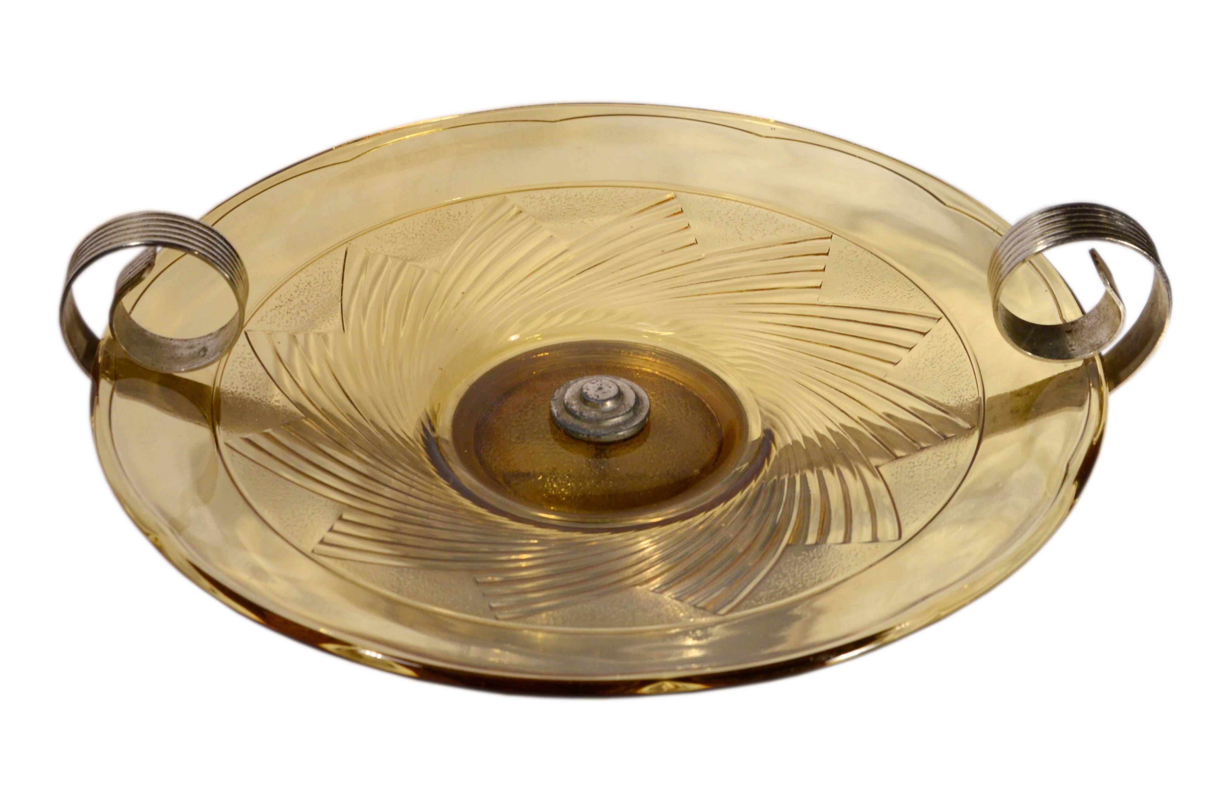 Art Deco bowl in smoked pressed glass and silver-plated metal, 30x8cm