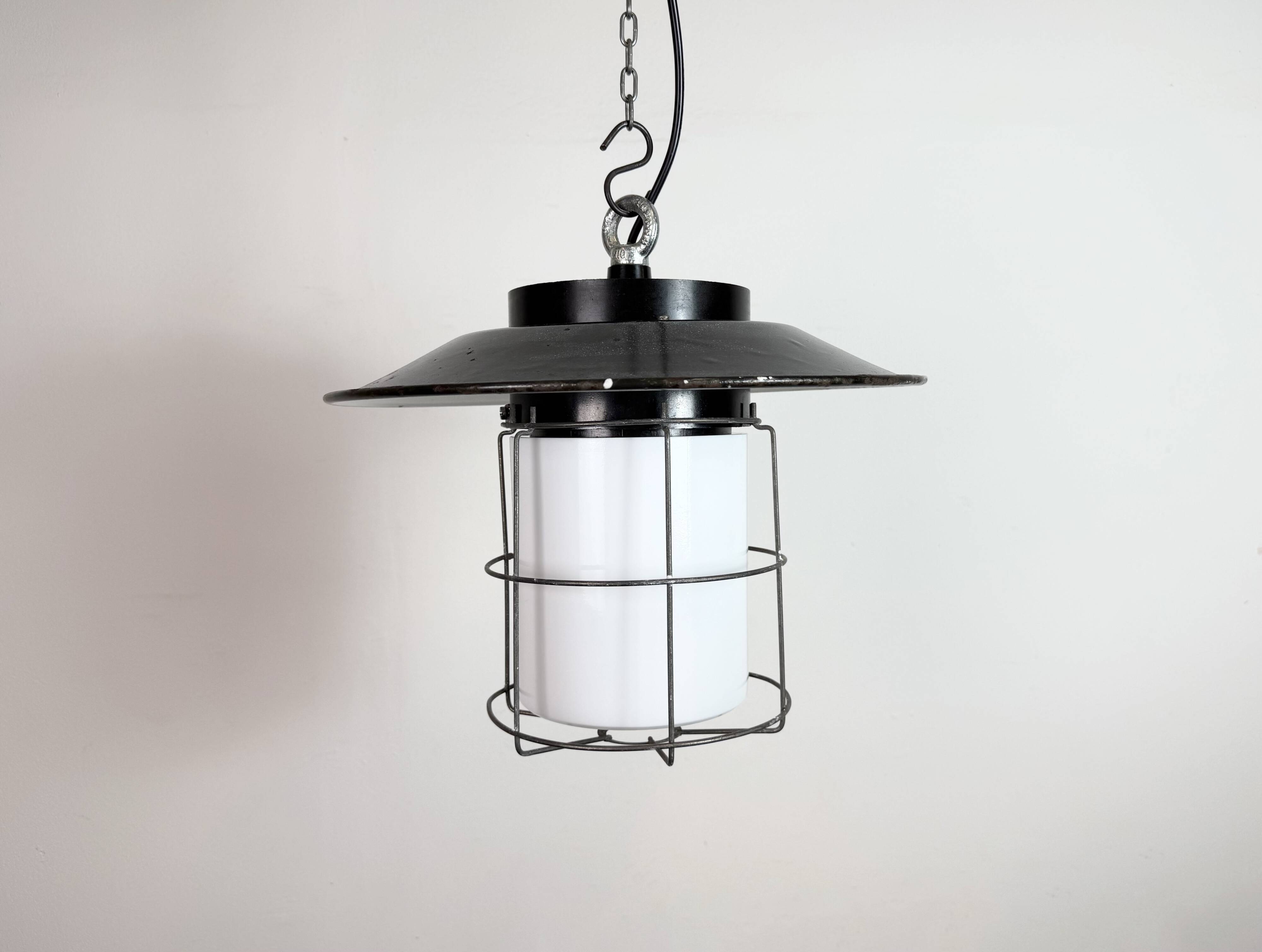 Industrial Grey Enamel Cage Pendant Lamp, 1960s