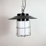 Industrial Grey Enamel Cage Pendant Lamp, 1960s