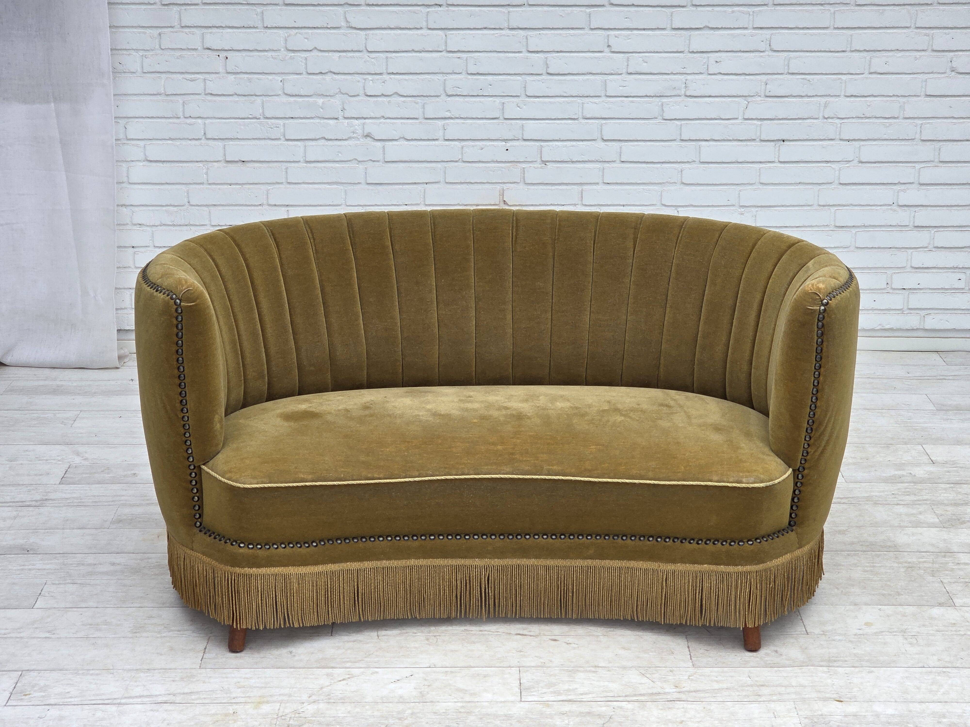 1970s, Danish 2-seater "Banana" sofa, green furniture velour.