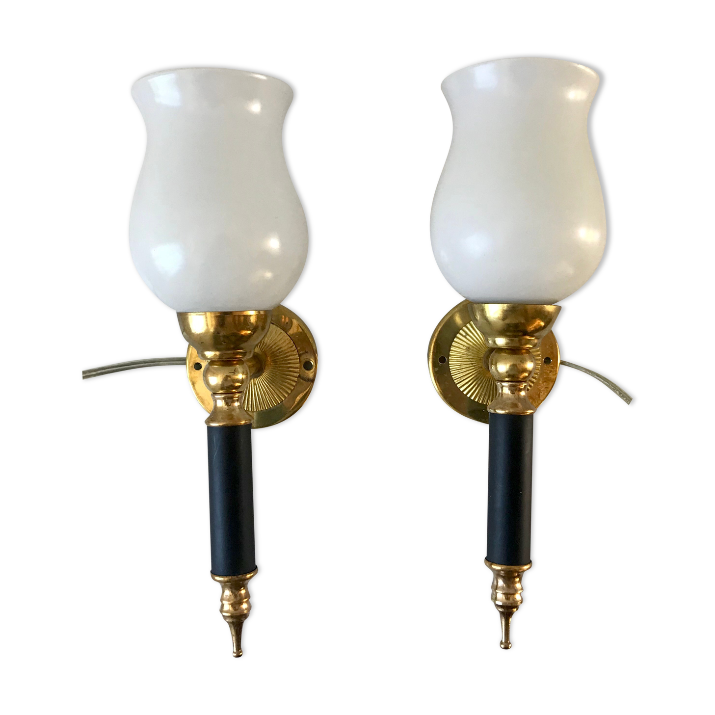 Pair of opaline and golden brass wall lamps art deco style 30s