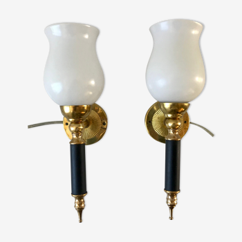 Pair of opaline and golden brass wall lamps art deco style 30s