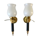 Pair of opaline and golden brass wall lamps art deco style 30s