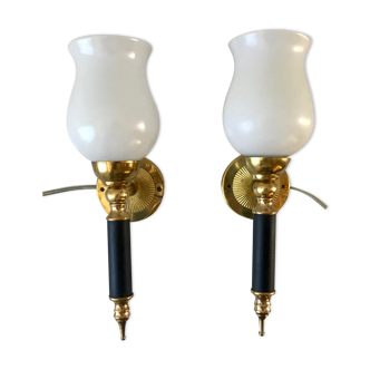 Pair of opaline and golden brass wall lamps art deco style 30s