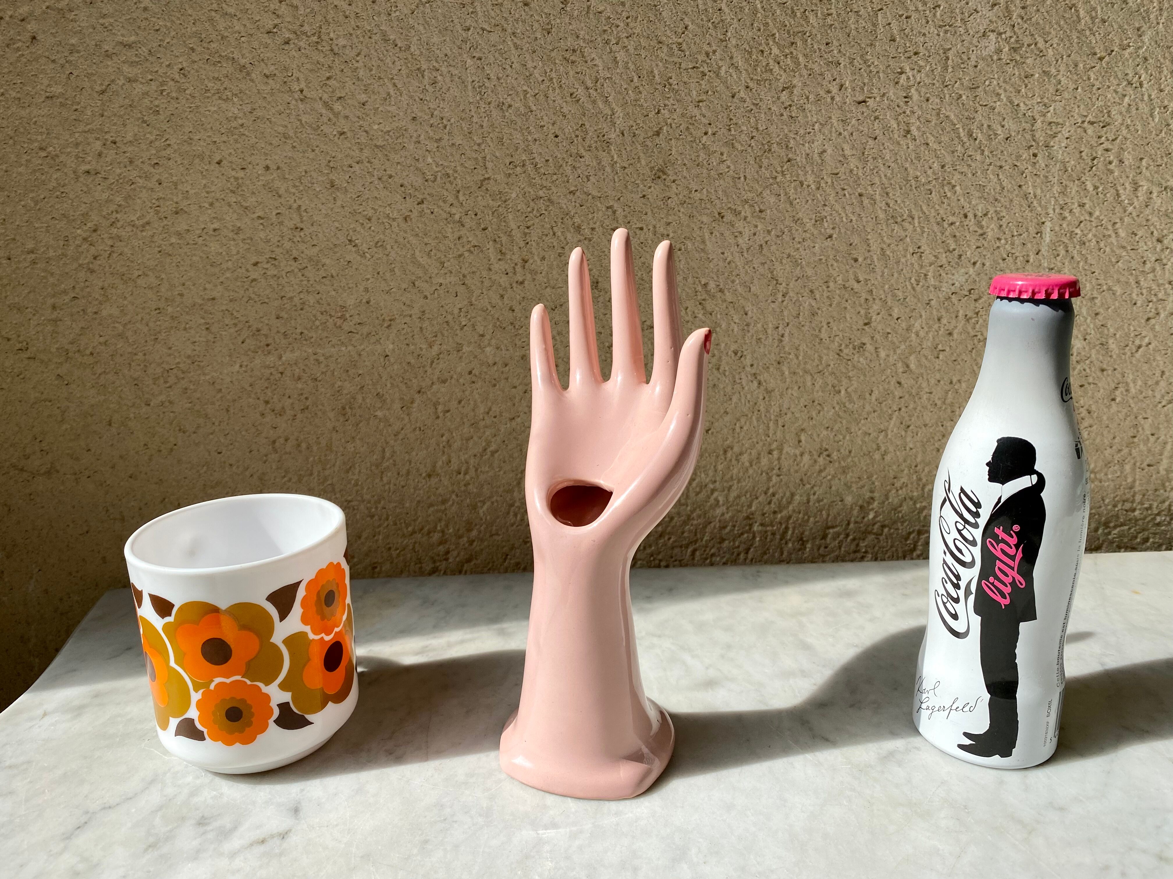 Vase baguier hand ceramic vintage pink 70s