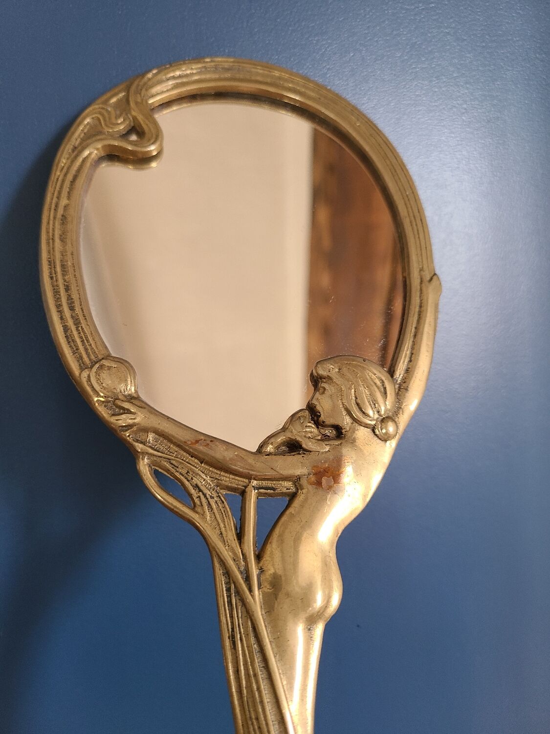 Old bronze mirror by hand, art deco woman's nude