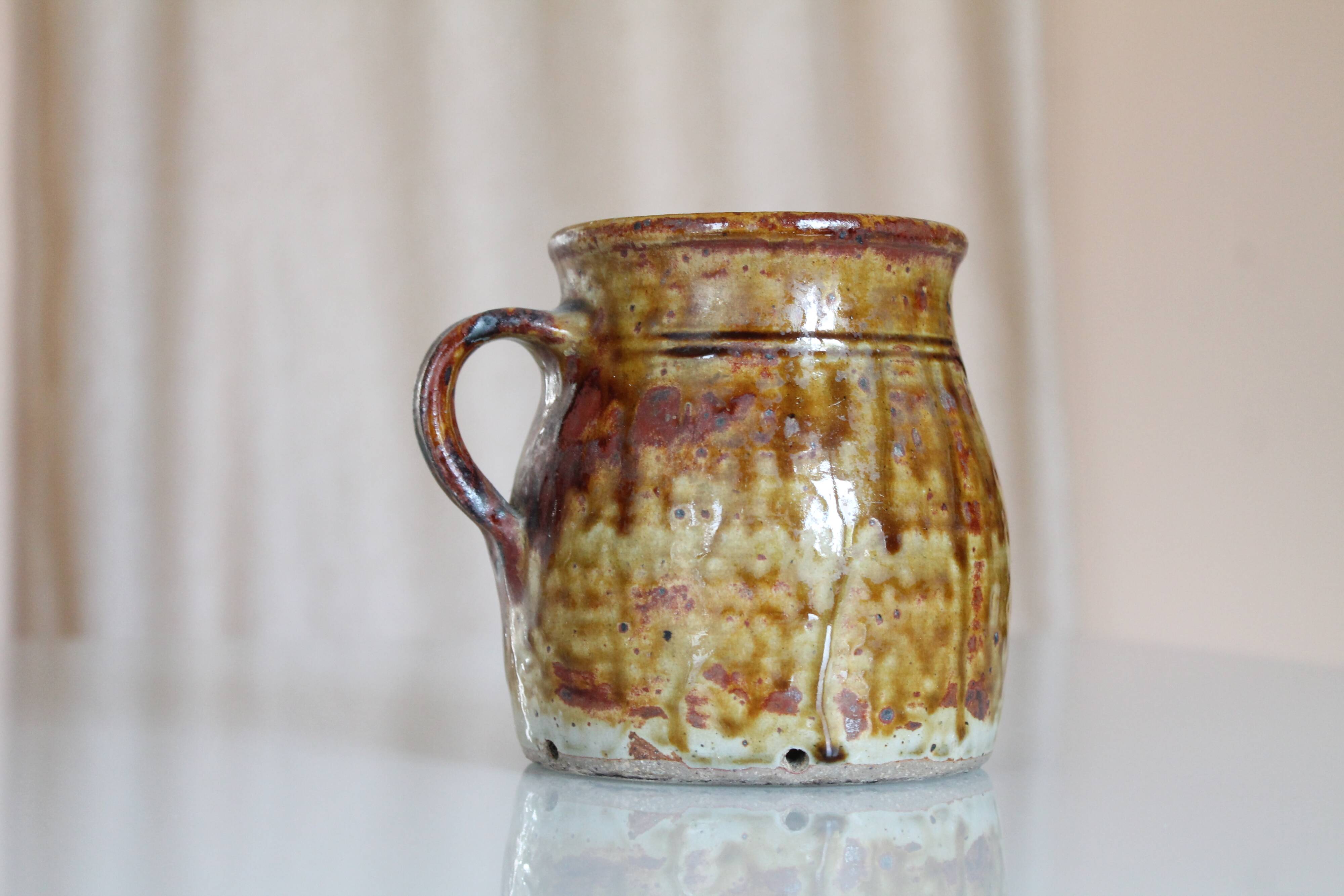 Ancient ceramic cream pot, pyrite stoneware, glazed from La Borne, France.