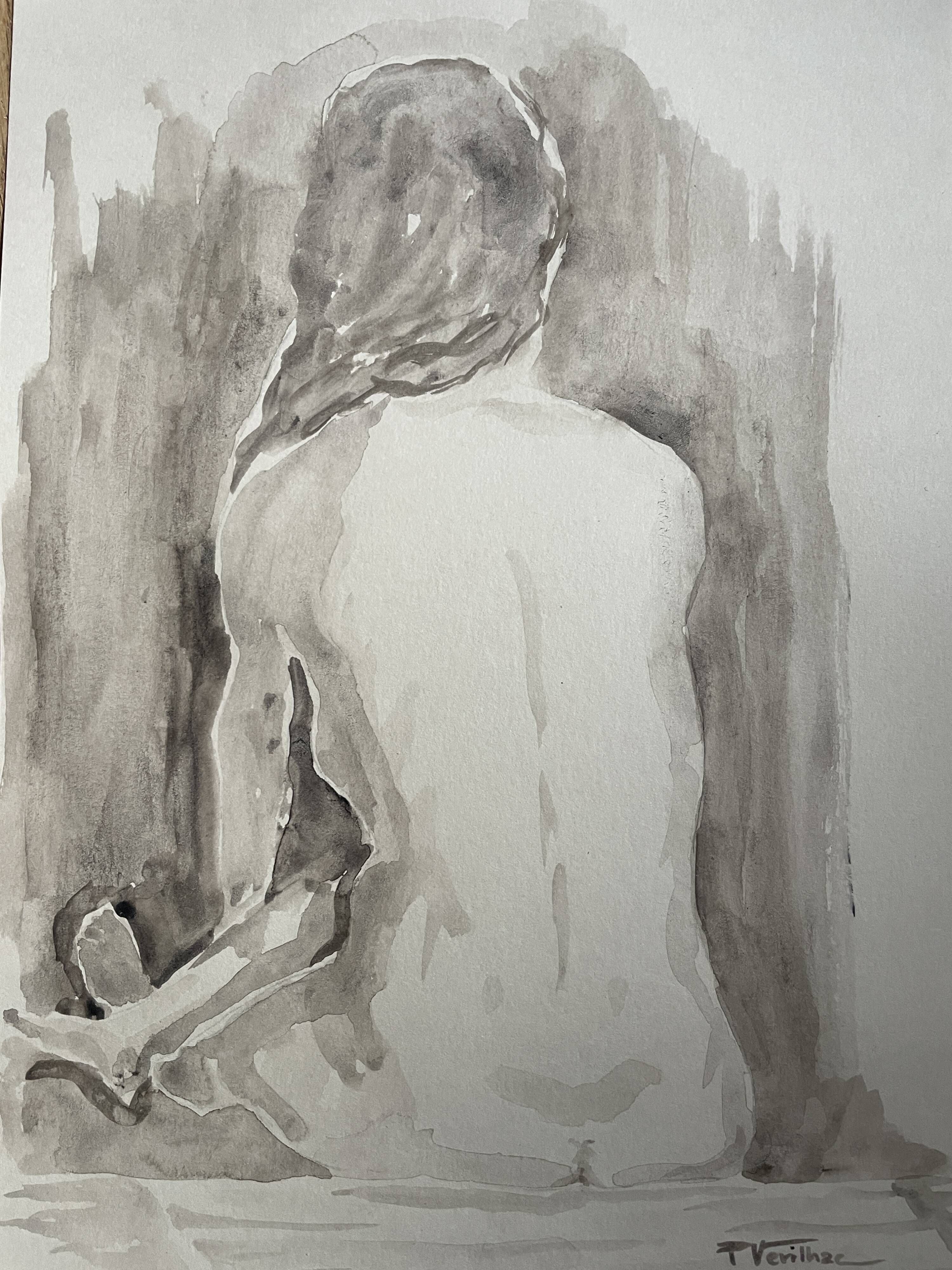 Painting signed watercolor monochrome sepia female nude portrait seated from behind
