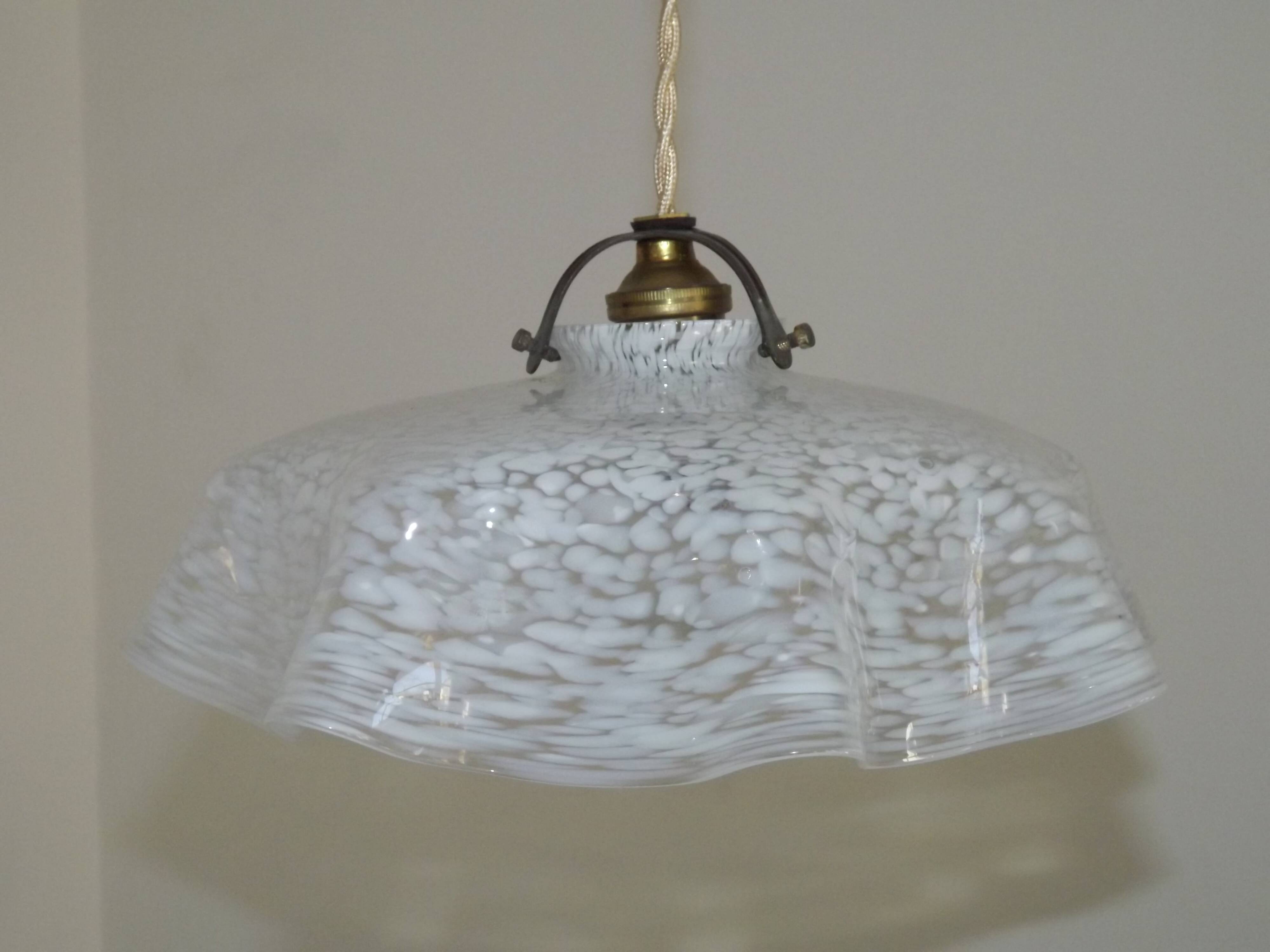 French Vintage 1930s White Frilled Clichy Glass Lampshade Ceiling Light