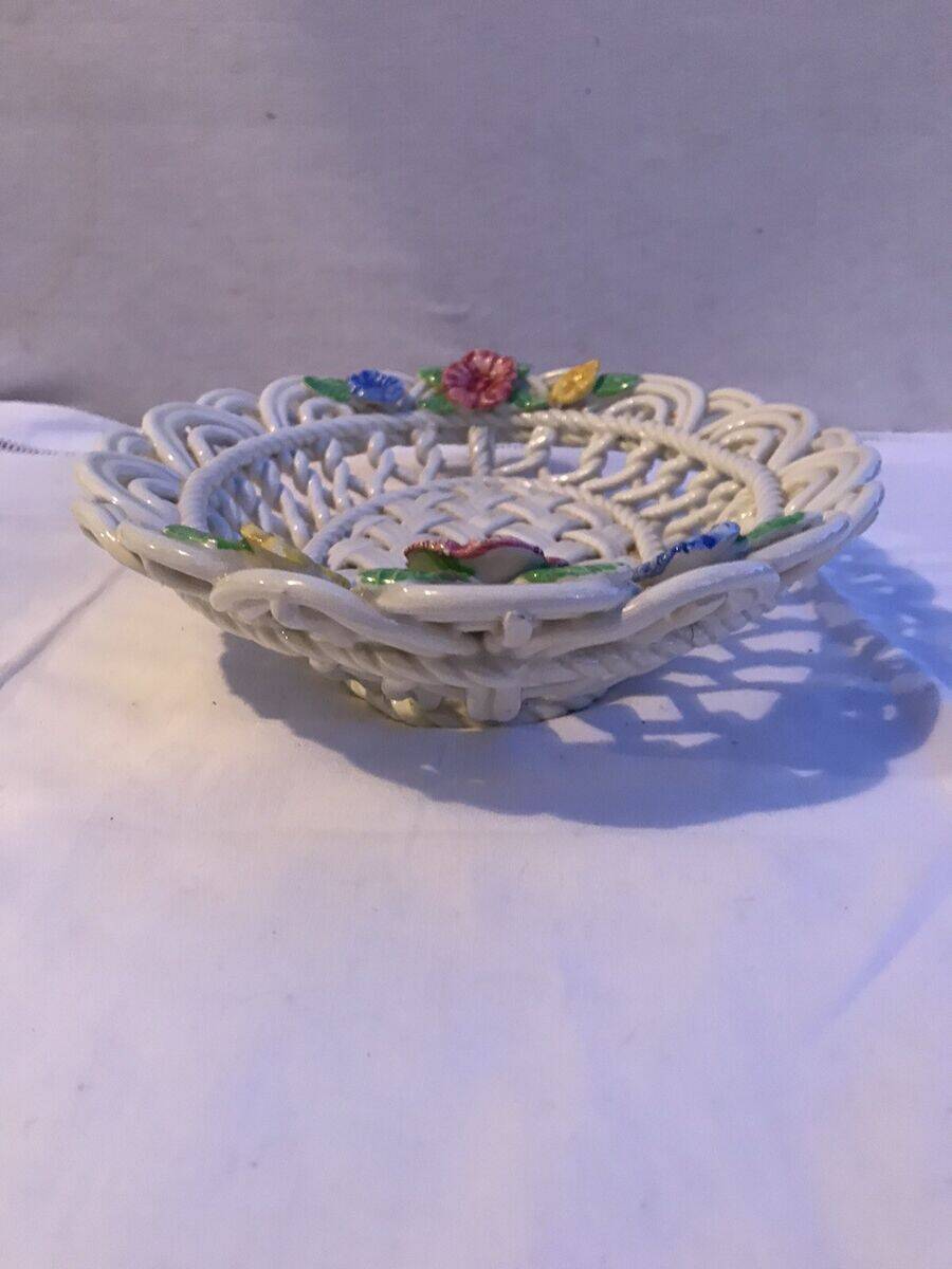 Old Oval Plate Cut-Out Ceramic Flower Relief Decor Italy Wine