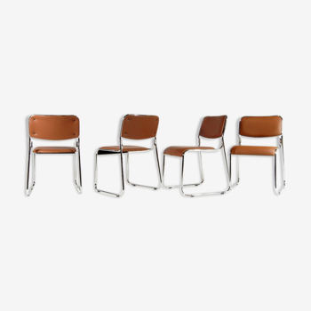 Ensemble de 4 chaises de salle à manger danoises en chrome et faux cuir années 80
