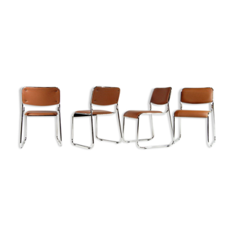 Ensemble de 4 chaises de salle à manger danoises en chrome et faux cuir années 80