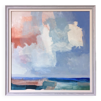 Paysage marin abstrait contemporain « Nuages d’été » par l’artiste britannique Ian Mood, peinture à l’huile encadrée