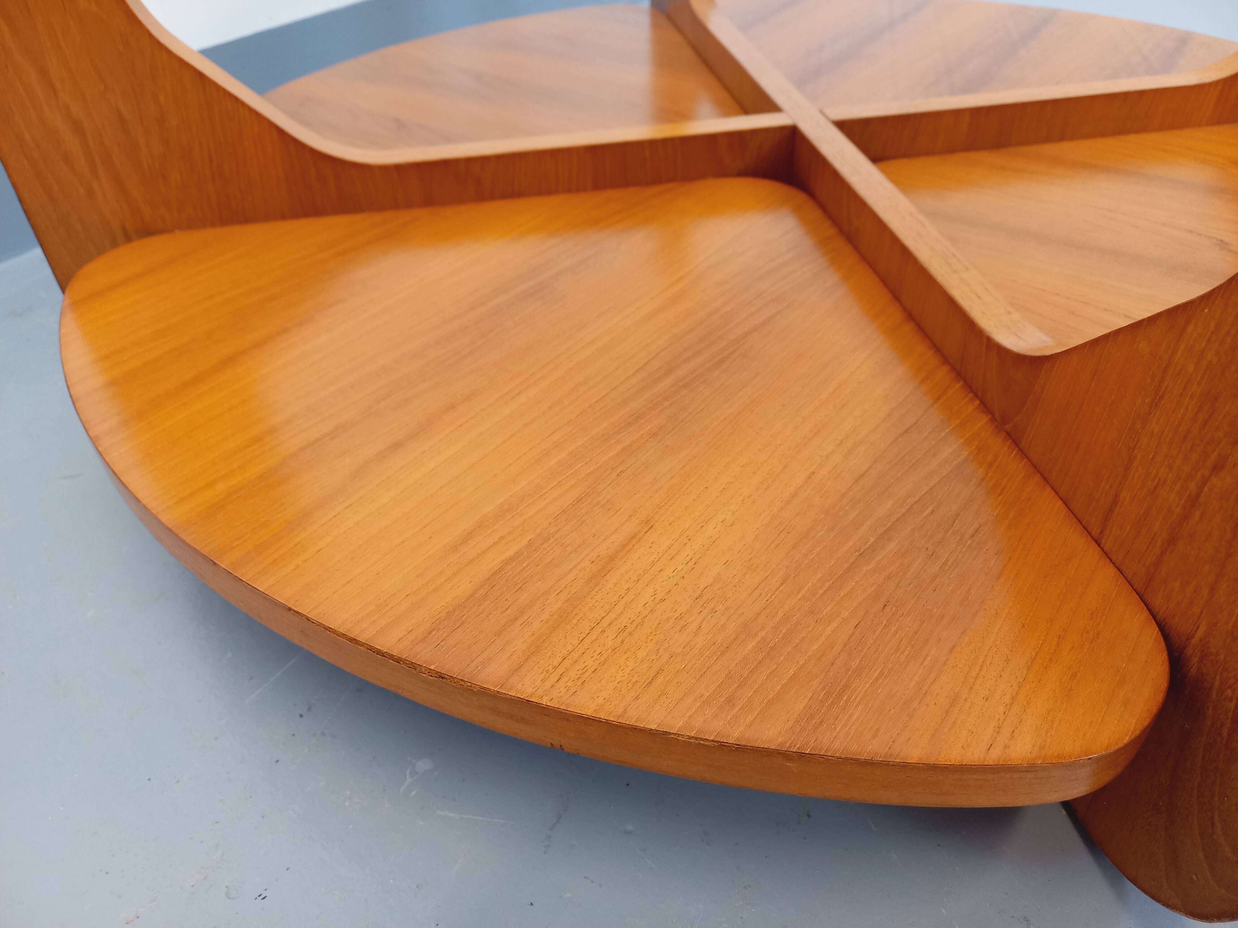 Vintage round coffee table with 2 tops by Hugues Poignant, in teak and glass