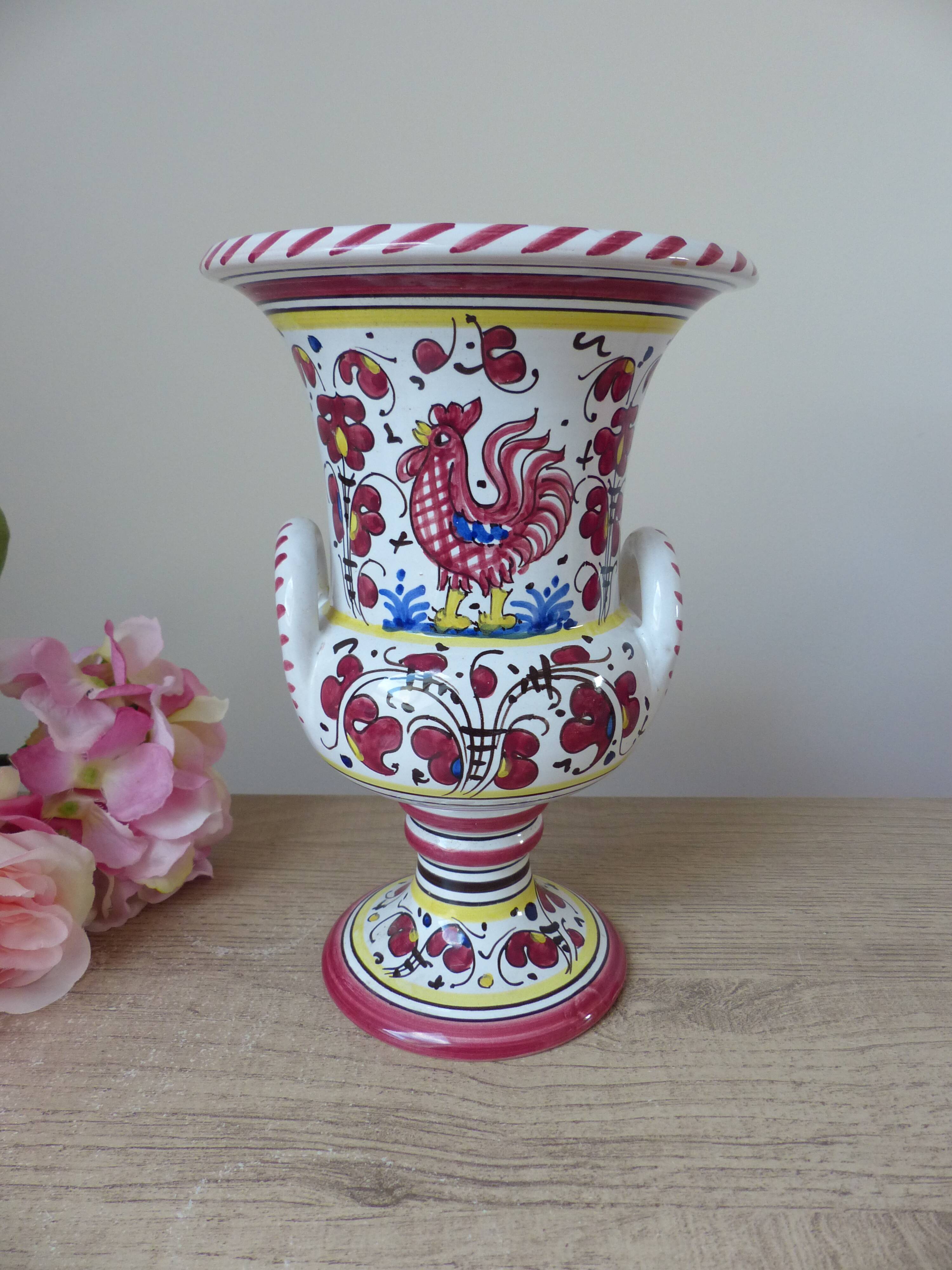 Colorful Ceramic Vase from Italy Deruta l'Antica: Amphora Flowers and Rooster
