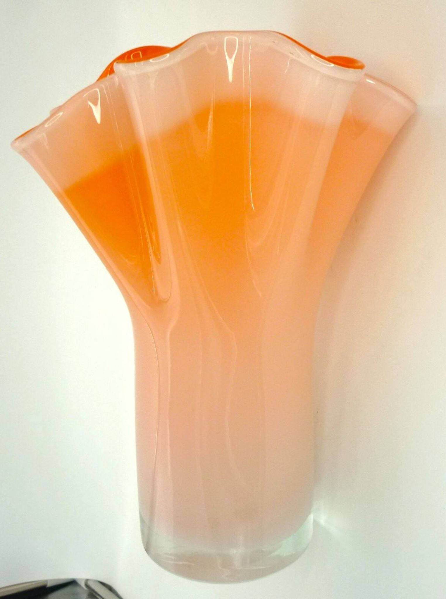 Murano handkerchief vase, blown glass, 1960s design, white and orange.