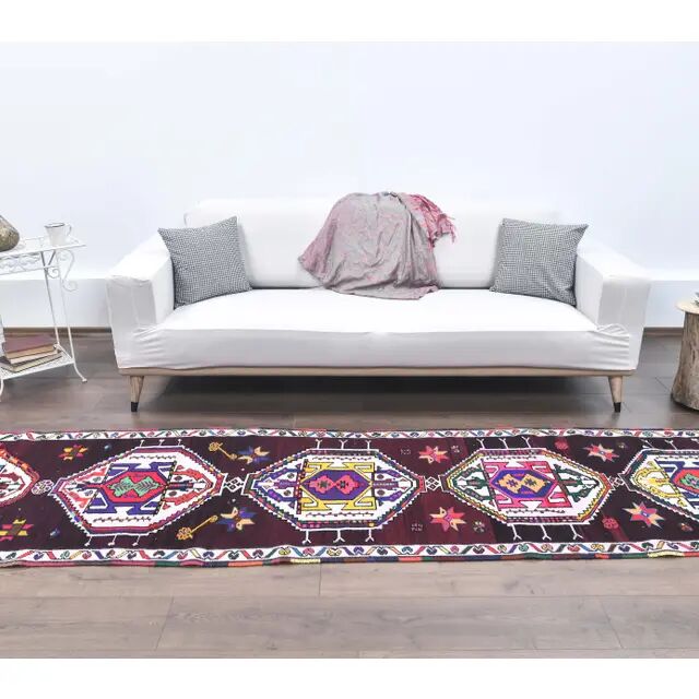 Vintage Pink Geometric Turkish Hand-Knotted Runner 83x375