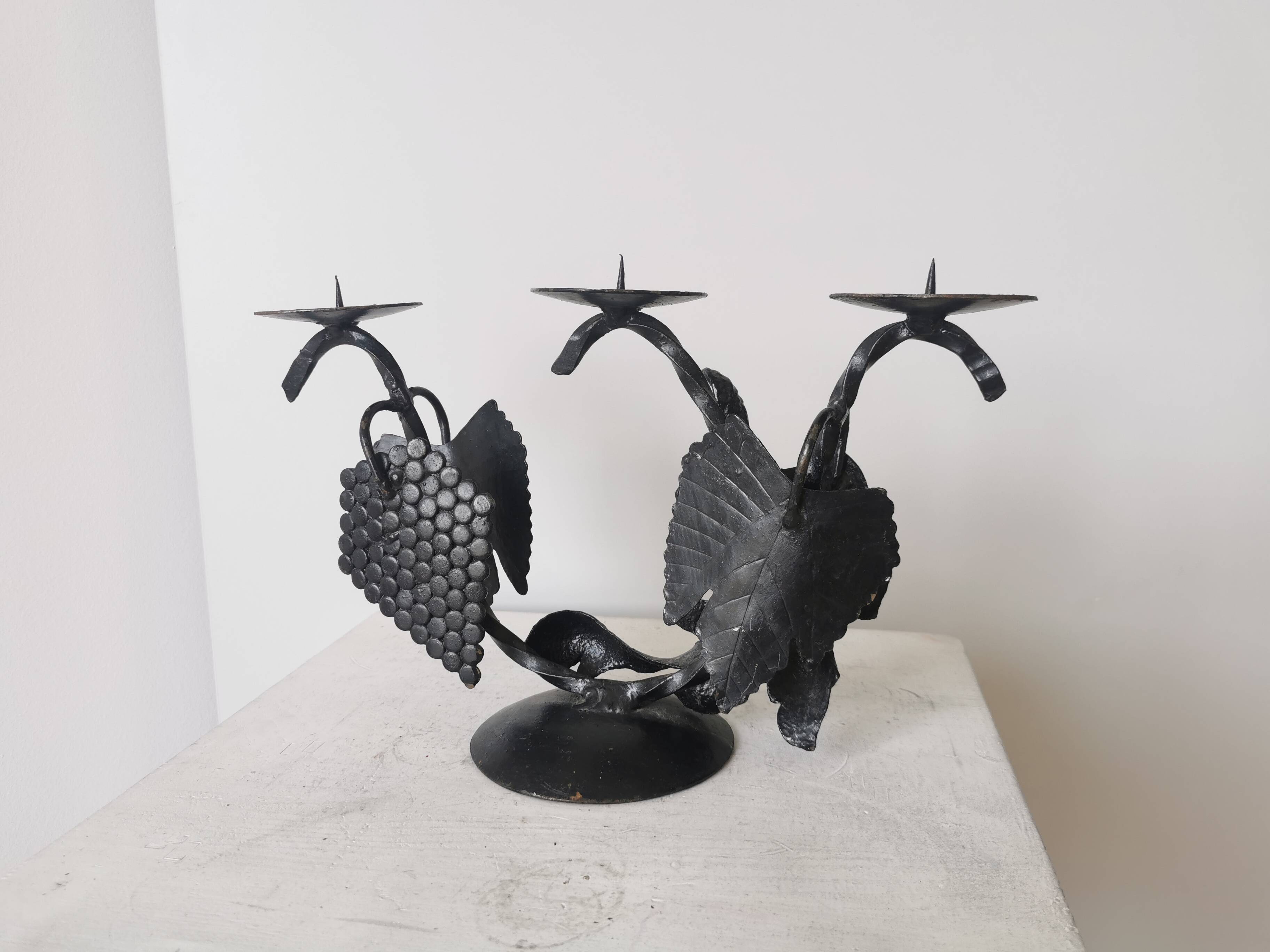 Vintage Forged Iron Grape Leaves Candlestick - Yugoslavia Mid-Century Decor