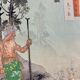 Estampe japonaise du XIXème siècle encadrée signée Ogata Gekko "Guerriers sur l'île d'Onigashima"
