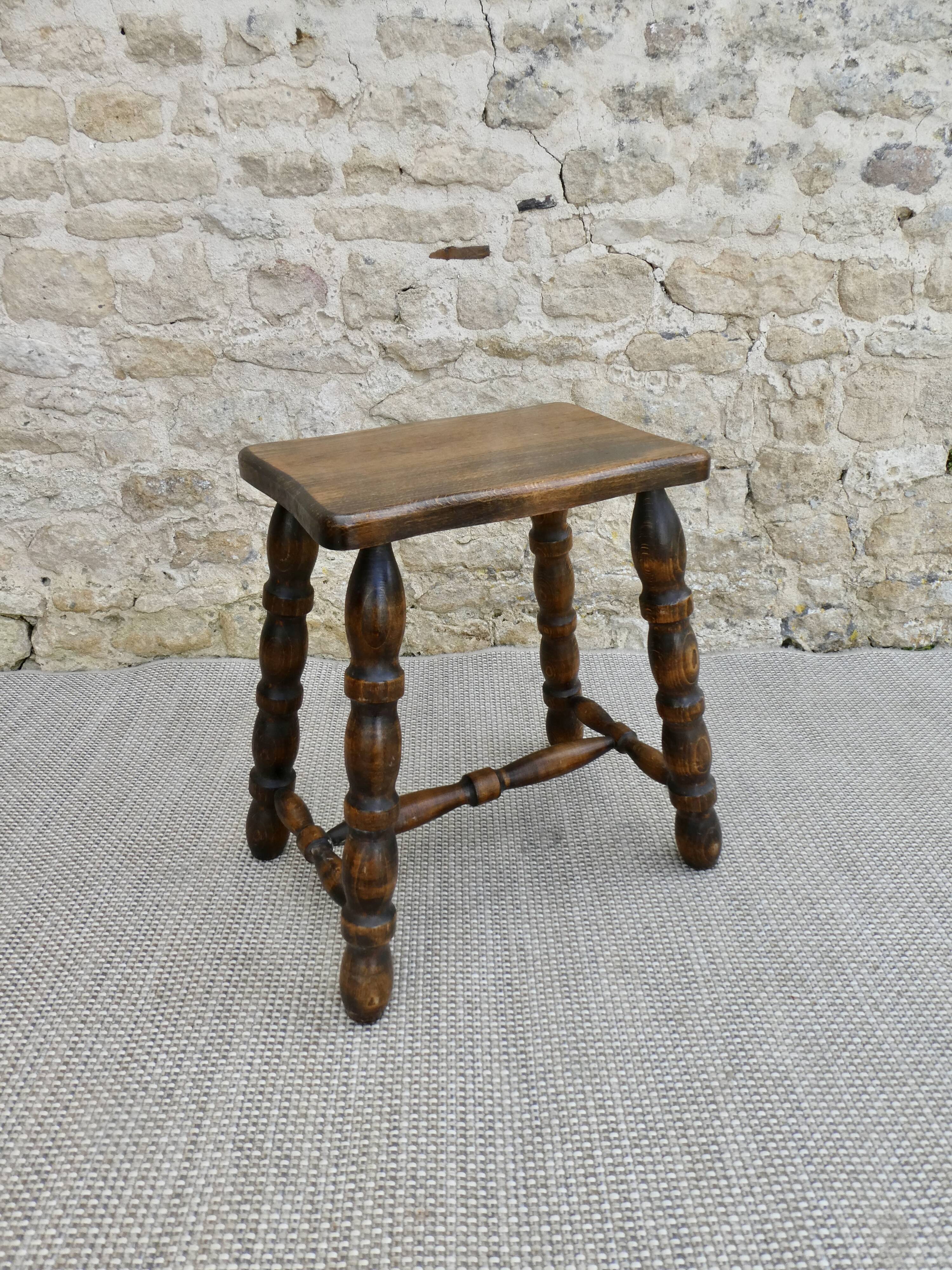 Solid wood stool, carved legs, 60s