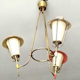 Three-arm pendant light in gilded brass and perforated metal by Maison Arlus Vintage from the 50s