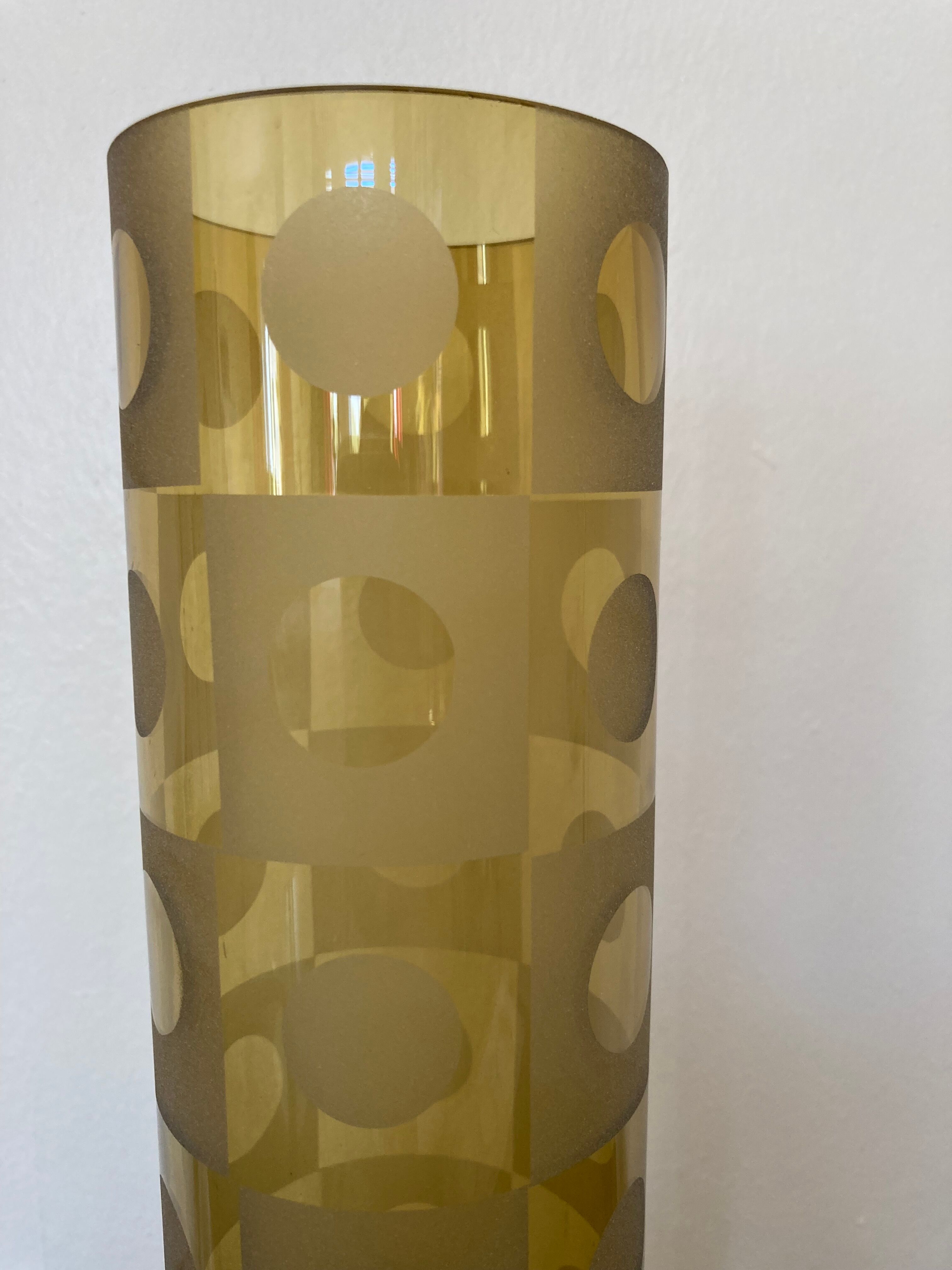 Amber yellow glass vase frosted geometric pattern
