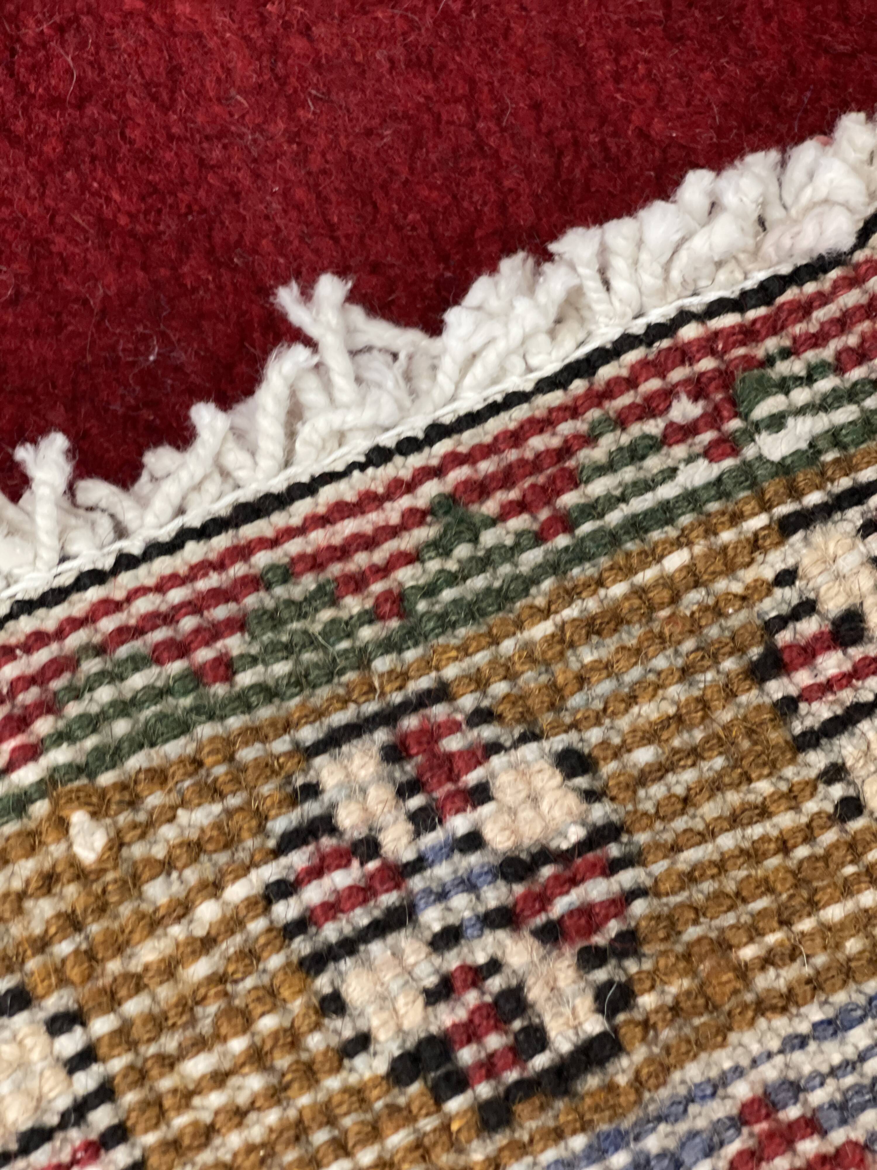 Vintage Geometric Burgundy Red Wool Runner Rug, 1950s Hand-Knotted Carpet