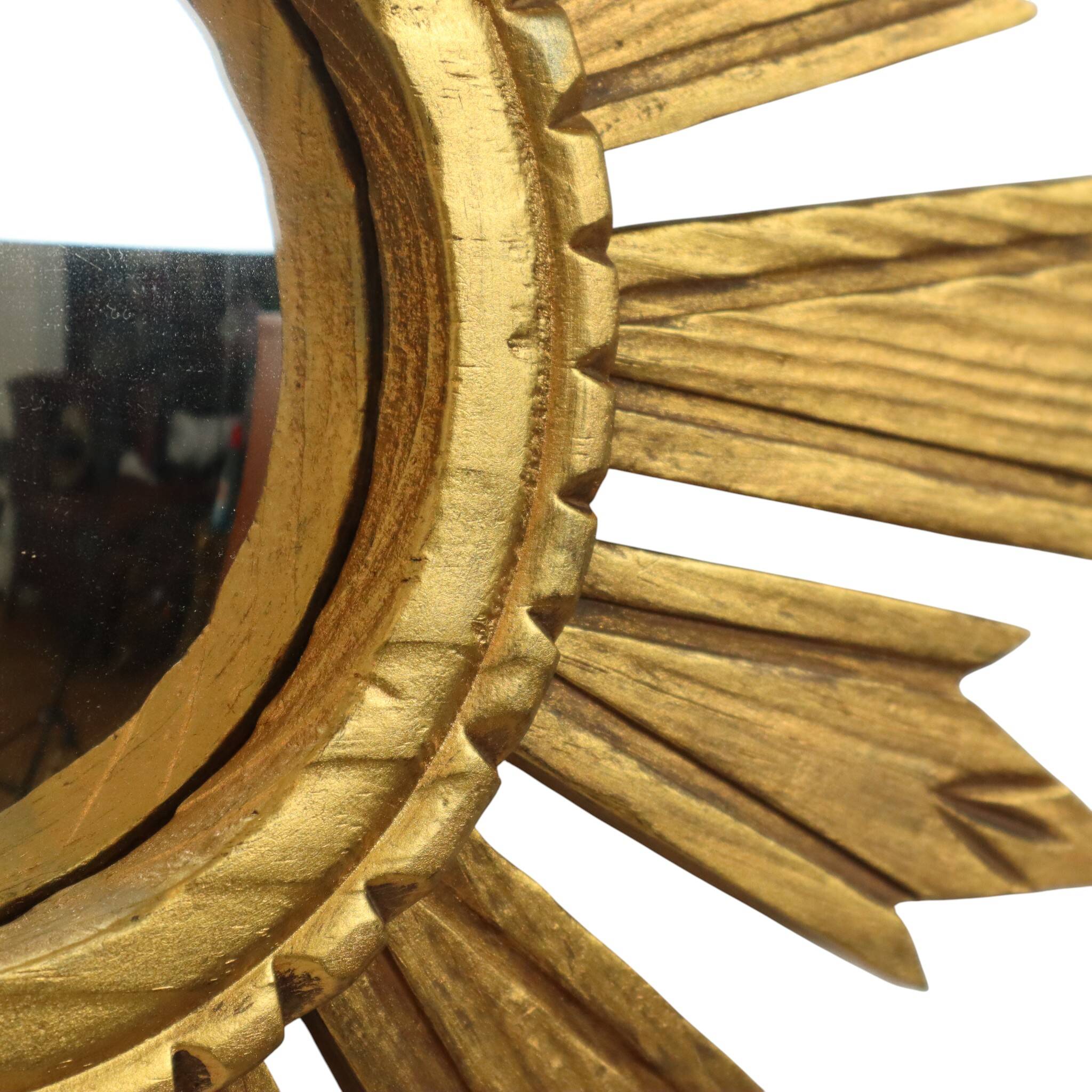 Vintage Wooden Sunburst Sun Mirror Convex France 51cm